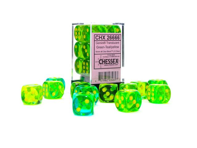 Chessex - 12d6 16mm  Gemini - Vert/Sarcelle et Jaune