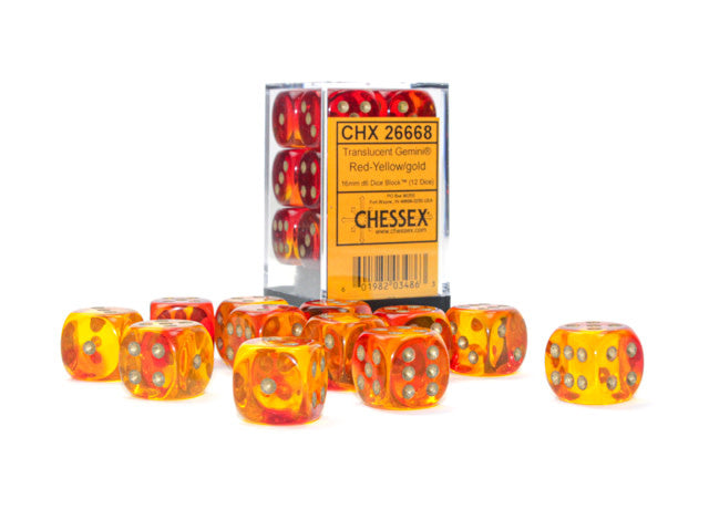 Chessex - 12d6 16mm Gemini - Translucide Rouge/Jaune et Or