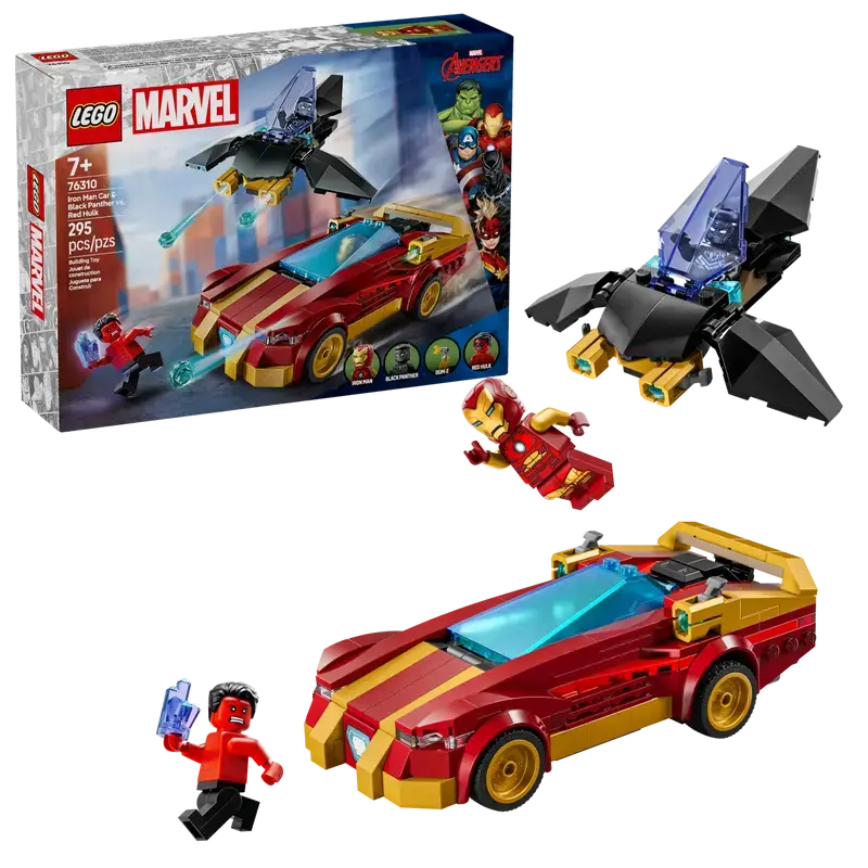 Lego 76310 Marvel - La voiture d’Iron Man et Black Panther contre Hulk rouge
