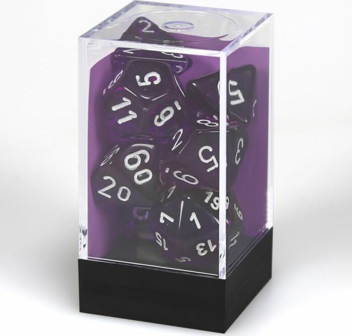 Chessex - 7 dés  transparent mauve avec chiffre blanc