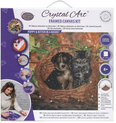 Crystal Art - Tableau à diamanter sur chassis de bois Puppy and kitten in a basket