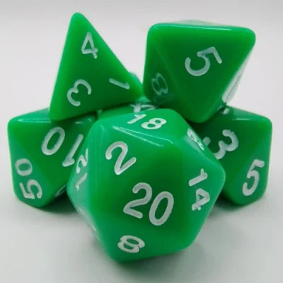 Kit de dés polyédriques vert avec des chiffres blancs