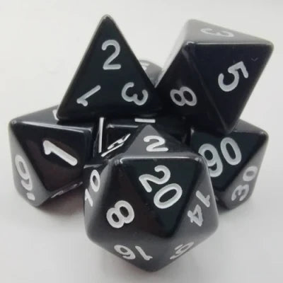 Kit de dés polyédriques noirs avec des chiffres blancs
