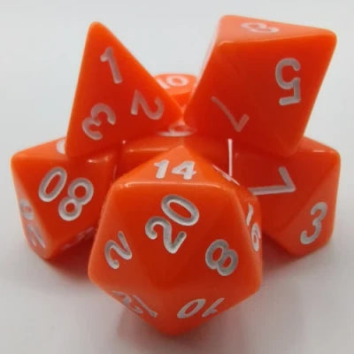 Kit de dés polyédriques orange avec des chiffres blancs